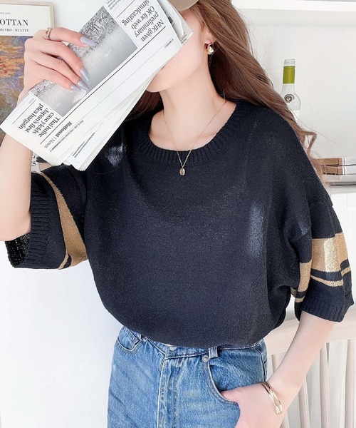 classicalelf(クラシカルエルフ)の「大人のサマーニット。袖ボーダーライン5分袖ニットソー(Tシャツ/カットソー・レディース・アイボリー/ブラック/ネイビー/グリーン・X-LARGE/SMALL/MEDIUM/LARGE)」の4枚目の写真