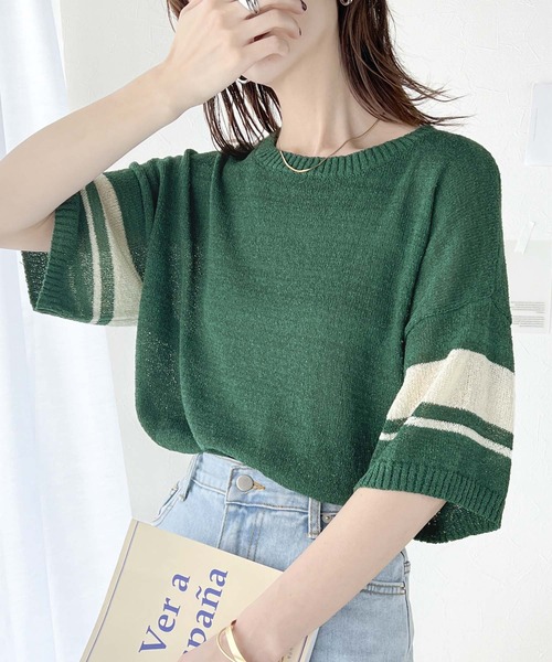 classicalelf(クラシカルエルフ)の「大人のサマーニット。袖ボーダーライン5分袖ニットソー(Tシャツ/カットソー・レディース・アイボリー/ブラック/ネイビー/グリーン・X-LARGE/SMALL/MEDIUM/LARGE)」の3枚目の写真