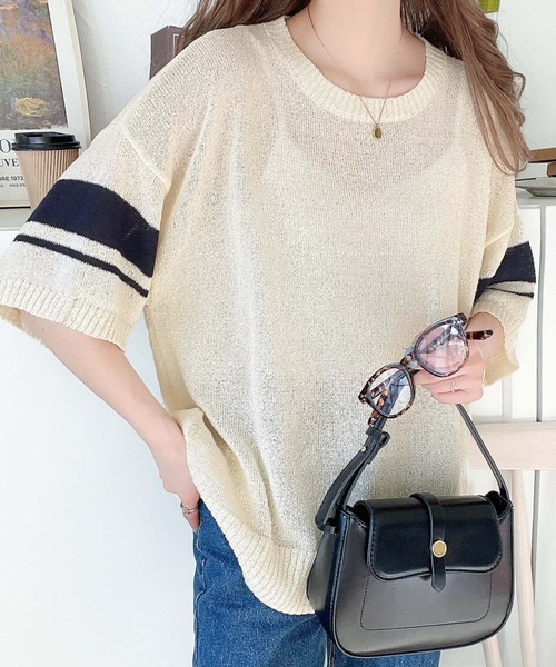 classicalelf(クラシカルエルフ)の「大人のサマーニット。袖ボーダーライン5分袖ニットソー(Tシャツ/カットソー・レディース・アイボリー/ブラック/ネイビー/グリーン・X-LARGE/SMALL/MEDIUM/LARGE)」の1枚目の写真