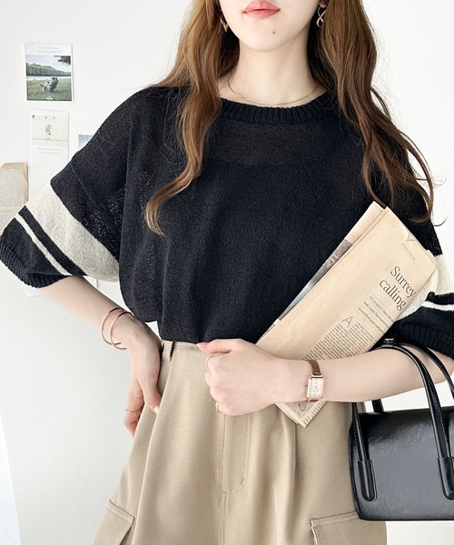 classicalelf(クラシカルエルフ)の「大人のサマーニット。袖ボーダーライン5分袖ニットソー(Tシャツ/カットソー・レディース・アイボリー/ブラック/ネイビー/グリーン・X-LARGE/SMALL/MEDIUM/LARGE)」の2枚目の写真