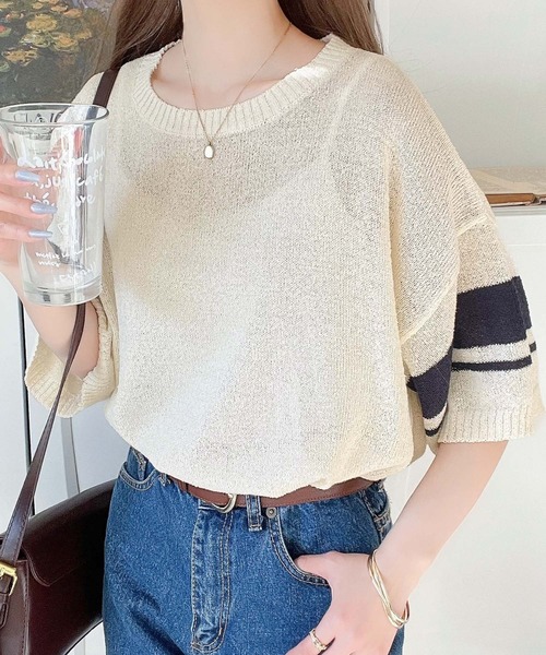 classicalelf(クラシカルエルフ)の「大人のサマーニット。袖ボーダーライン5分袖ニットソー(Tシャツ/カットソー・レディース・アイボリー/ブラック/ネイビー/グリーン・X-LARGE/SMALL/MEDIUM/LARGE)」の17枚目の写真