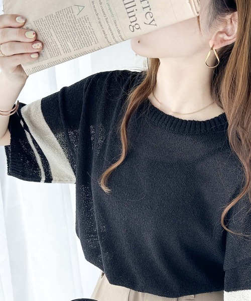 classicalelf(クラシカルエルフ)の「大人のサマーニット。袖ボーダーライン5分袖ニットソー(Tシャツ/カットソー・レディース・アイボリー/ブラック/ネイビー/グリーン・X-LARGE/SMALL/MEDIUM/LARGE)」の13枚目の写真