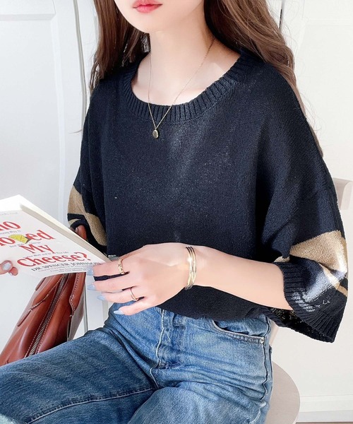 classicalelf(クラシカルエルフ)の「大人のサマーニット。袖ボーダーライン5分袖ニットソー(Tシャツ/カットソー・レディース・アイボリー/ブラック/ネイビー/グリーン・X-LARGE/SMALL/MEDIUM/LARGE)」の9枚目の写真