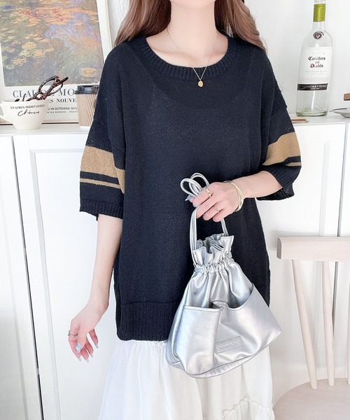classicalelf(クラシカルエルフ)の「大人のサマーニット。袖ボーダーライン5分袖ニットソー(Tシャツ/カットソー・レディース・アイボリー/ブラック/ネイビー/グリーン・X-LARGE/SMALL/MEDIUM/LARGE)」の11枚目の写真