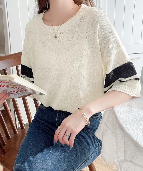 classicalelf(クラシカルエルフ)の「大人のサマーニット。袖ボーダーライン5分袖ニットソー(Tシャツ/カットソー・レディース・アイボリー/ブラック/ネイビー/グリーン・X-LARGE/SMALL/MEDIUM/LARGE)」の16枚目の写真
