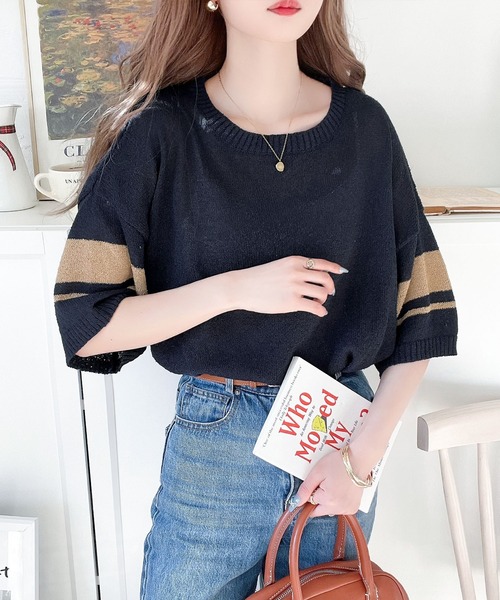 classicalelf(クラシカルエルフ)の「大人のサマーニット。袖ボーダーライン5分袖ニットソー(Tシャツ/カットソー・レディース・アイボリー/ブラック/ネイビー/グリーン・X-LARGE/SMALL/MEDIUM/LARGE)」の22枚目の写真