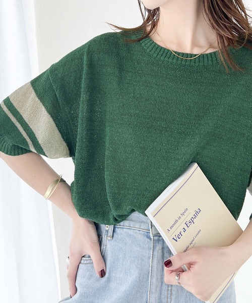 classicalelf(クラシカルエルフ)の「大人のサマーニット。袖ボーダーライン5分袖ニットソー(Tシャツ/カットソー・レディース・アイボリー/ブラック/ネイビー/グリーン・X-LARGE/SMALL/MEDIUM/LARGE)」の20枚目の写真