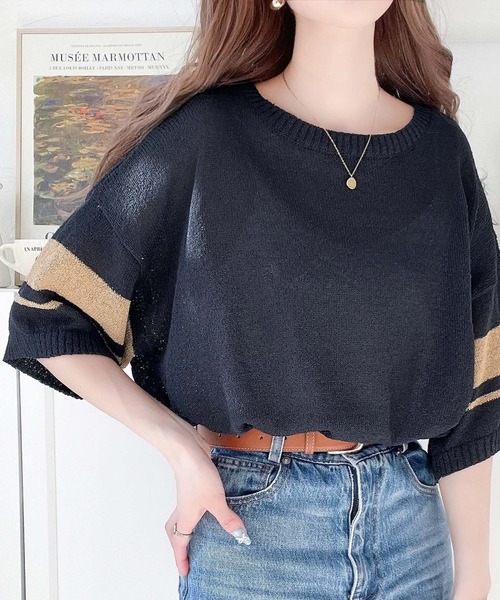 classicalelf(クラシカルエルフ)の「大人のサマーニット。袖ボーダーライン5分袖ニットソー(Tシャツ/カットソー・レディース・アイボリー/ブラック/ネイビー/グリーン・X-LARGE/SMALL/MEDIUM/LARGE)」の21枚目の写真