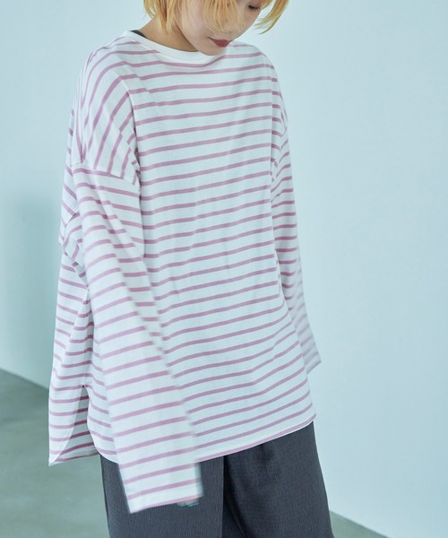 Fashion Letter（ファッションレター）の「オーバーサイズ ボーダー ロングTシャツ（Tシャツ/カットソー・レディース・ブルー/ブラック/ベージュ/レッド/ピンク/グリーン・M）」の5枚目の写真