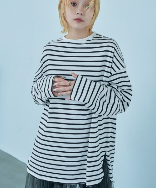 Fashion Letter（ファッションレター）の「オーバーサイズ ボーダー ロングTシャツ（Tシャツ/カットソー・レディース・ブルー/ブラック/ベージュ/レッド/ピンク/グリーン・M）」の7枚目の写真
