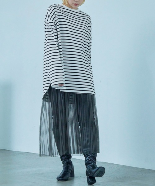 Fashion Letter（ファッションレター）の「オーバーサイズ ボーダー ロングTシャツ（Tシャツ/カットソー・レディース・ブルー/ブラック/ベージュ/レッド/ピンク/グリーン・M）」の8枚目の写真