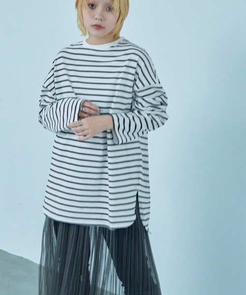 Fashion Letter（ファッションレター）の「オーバーサイズ ボーダー ロングTシャツ（Tシャツ/カットソー・レディース・ブルー/ブラック/ベージュ/レッド/ピンク/グリーン・M）」の9枚目の写真
