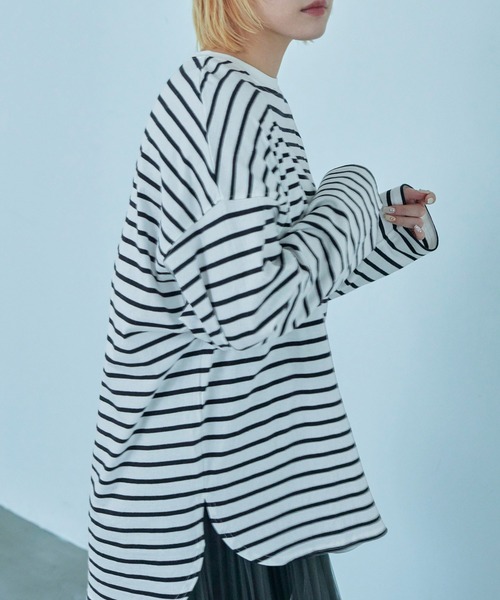 Fashion Letter（ファッションレター）の「オーバーサイズ ボーダー ロングTシャツ（Tシャツ/カットソー・レディース・ブルー/ブラック/ベージュ/レッド/ピンク/グリーン・M）」の10枚目の写真