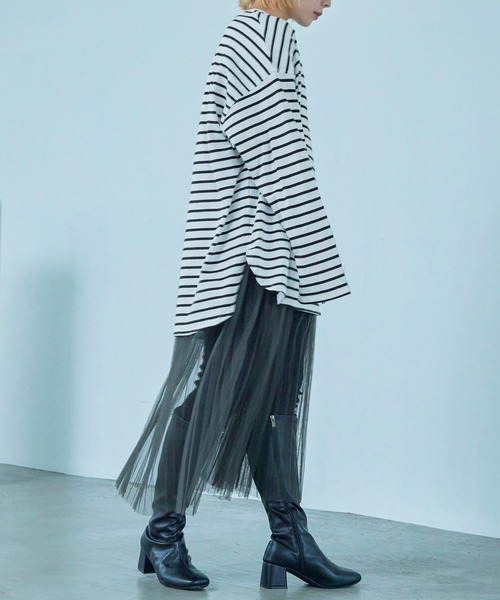 Fashion Letter（ファッションレター）の「オーバーサイズ ボーダー ロングTシャツ（Tシャツ/カットソー・レディース・ブルー/ブラック/ベージュ/レッド/ピンク/グリーン・M）」の11枚目の写真