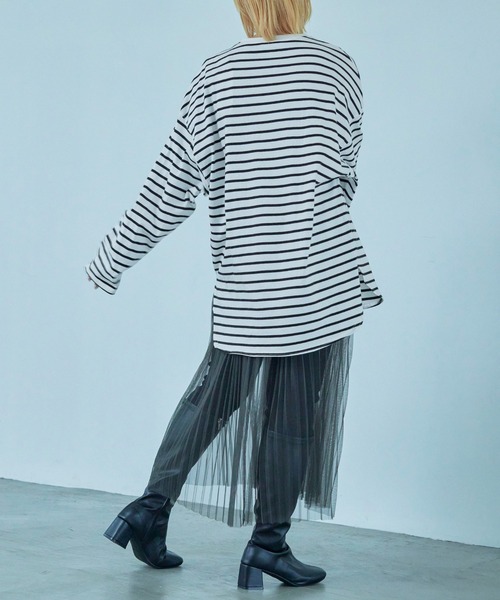 Fashion Letter（ファッションレター）の「オーバーサイズ ボーダー ロングTシャツ（Tシャツ/カットソー・レディース・ブルー/ブラック/ベージュ/レッド/ピンク/グリーン・M）」の12枚目の写真