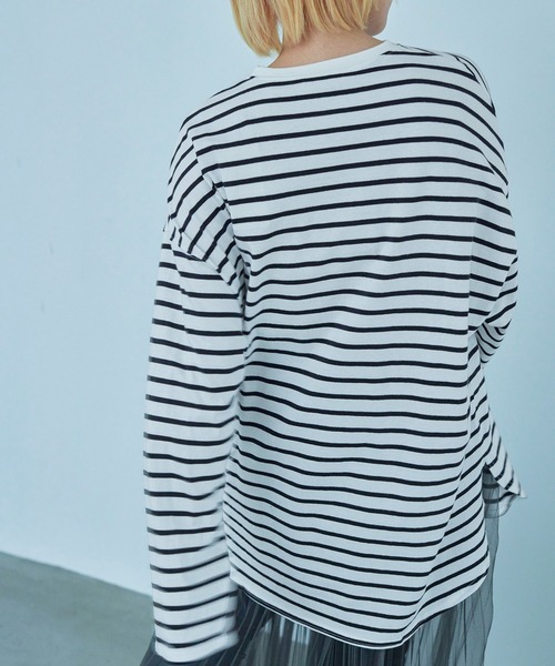 Fashion Letter（ファッションレター）の「オーバーサイズ ボーダー ロングTシャツ（Tシャツ/カットソー・レディース・ブルー/ブラック/ベージュ/レッド/ピンク/グリーン・M）」の13枚目の写真