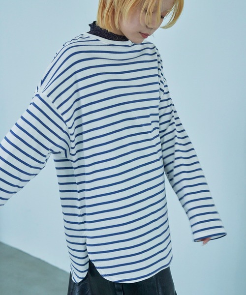 Fashion Letter（ファッションレター）の「オーバーサイズ ボーダー ロングTシャツ（Tシャツ/カットソー・レディース・ブルー/ブラック/ベージュ/レッド/ピンク/グリーン・M）」の15枚目の写真