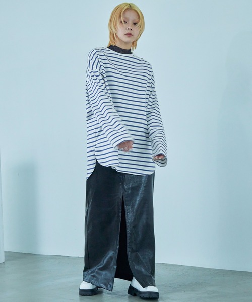 Fashion Letter（ファッションレター）の「オーバーサイズ ボーダー ロングTシャツ（Tシャツ/カットソー・レディース・ブルー/ブラック/ベージュ/レッド/ピンク/グリーン・M）」の16枚目の写真
