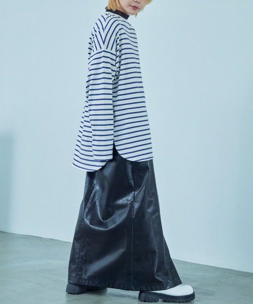 Fashion Letter（ファッションレター）の「オーバーサイズ ボーダー ロングTシャツ（Tシャツ/カットソー・レディース・ブルー/ブラック/ベージュ/レッド/ピンク/グリーン・M）」の17枚目の写真