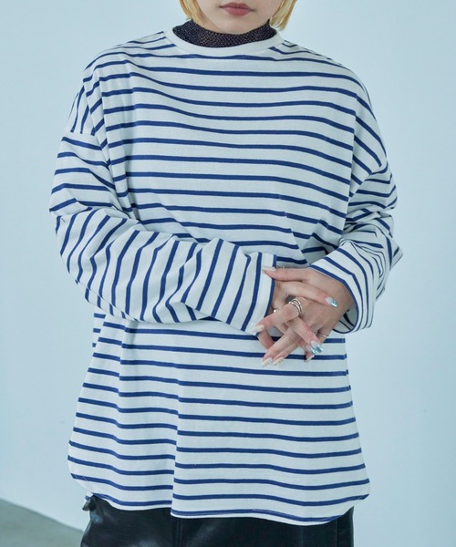 Fashion Letter（ファッションレター）の「オーバーサイズ ボーダー ロングTシャツ（Tシャツ/カットソー・レディース・ブルー/ブラック/ベージュ/レッド/ピンク/グリーン・M）」の18枚目の写真