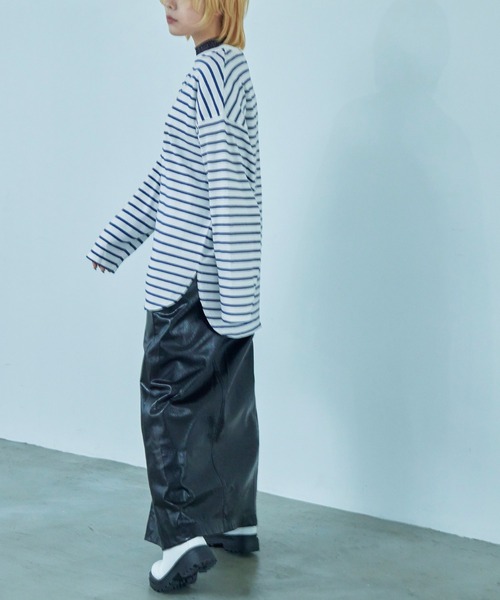 Fashion Letter（ファッションレター）の「オーバーサイズ ボーダー ロングTシャツ（Tシャツ/カットソー・レディース・ブルー/ブラック/ベージュ/レッド/ピンク/グリーン・M）」の19枚目の写真