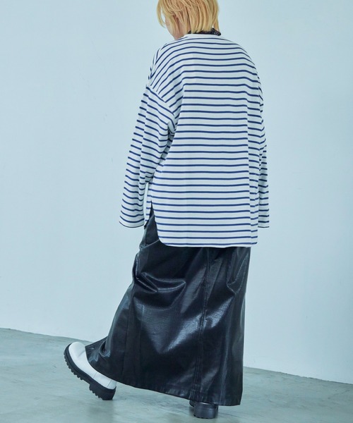 Fashion Letter（ファッションレター）の「オーバーサイズ ボーダー ロングTシャツ（Tシャツ/カットソー・レディース・ブルー/ブラック/ベージュ/レッド/ピンク/グリーン・M）」の20枚目の写真