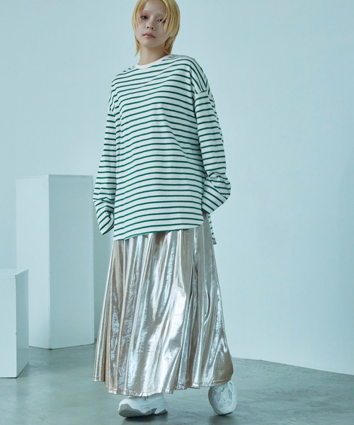 Fashion Letter（ファッションレター）の「オーバーサイズ ボーダー ロングTシャツ（Tシャツ/カットソー・レディース・ブルー/ブラック/ベージュ/レッド/ピンク/グリーン・M）」の21枚目の写真