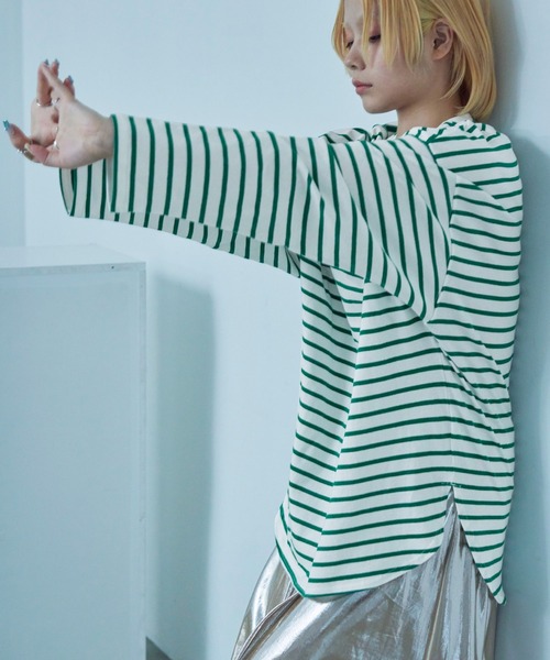Fashion Letter（ファッションレター）の「オーバーサイズ ボーダー ロングTシャツ（Tシャツ/カットソー・レディース・ブルー/ブラック/ベージュ/レッド/ピンク/グリーン・M）」の22枚目の写真
