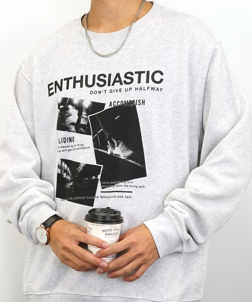 Burner(バーナー)の「【GROOVY STORE】プリントスウェットクルー裏起毛(スウェット・メンズ・バーガンディー/ブルー/ブラック系その他2/ブルー系その他2/グレイッシュベージュ/ホワイト/杢グレー/ネイビー/ブラック系その他3/ブラック/ベージュ/グレー・L/M/LL)」の2枚目の写真