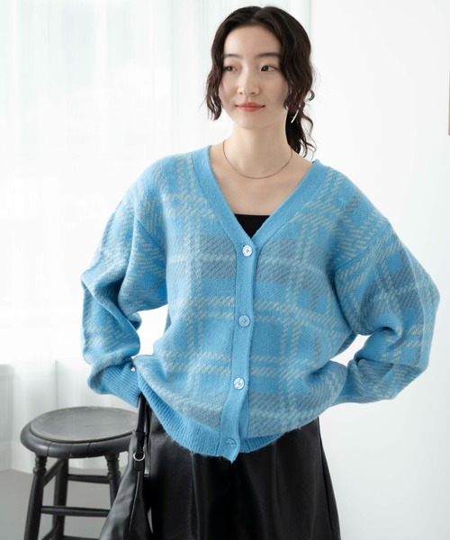 WEGO(ウィゴー)の「WEGO/モヘアタッチカラーチェックカーデ(カーディガン/ボレロ・レディース・オレンジ/ブルー/アイボリー・FREE)」の3枚目の写真