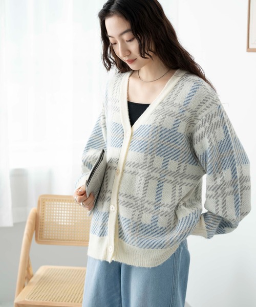 WEGO(ウィゴー)の「WEGO/モヘアタッチカラーチェックカーデ(カーディガン/ボレロ・レディース・オレンジ/ブルー/アイボリー・FREE)」の2枚目の写真