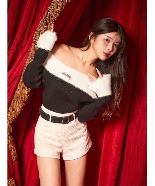 ダーリッチ Darich Darlingパフショルニットトップス RED カラーファー