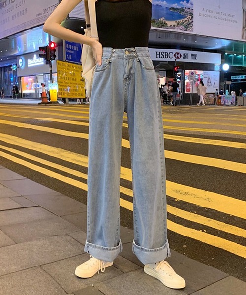 SHEPP(シープ)の「ウエスト調整 ケミカルデニム ハイウエストワイドパンツ(デニムパンツ・レディース・ブラック/ホワイト/ダークグレー/サックスブルー・S/M/L)」の4枚目の写真