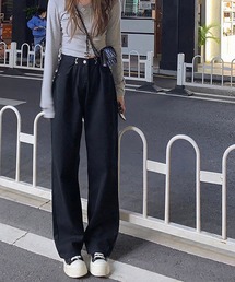 ウエスト調整 ケミカルデニム ハイウエストワイドパンツ