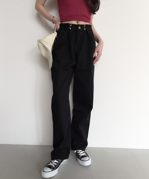 SHEPP(シープ)の「ウエスト調整 ケミカルデニム ハイウエストワイドパンツ(デニムパンツ・レディース・ブラック/ホワイト/ダークグレー/サックスブルー・S/M/L)」の8枚目の写真