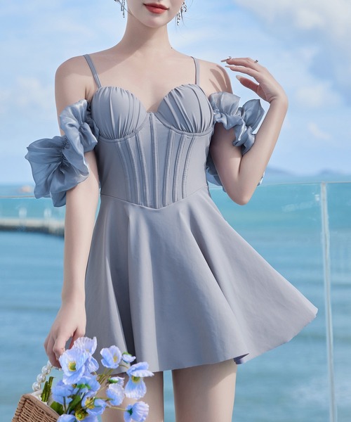 セール】レディース水着 ビスチェワンピ風オフショルダー