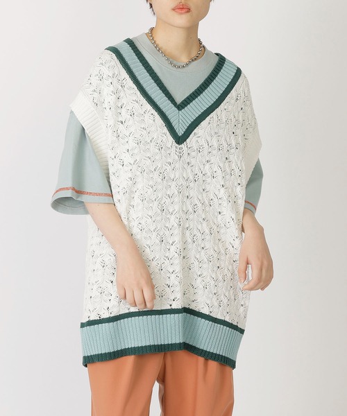 DOUBLE NAME（ダブルネーム）の「チルデンニットベスト（ベスト・レディース・グリーン/ブルー/オフホワイト・FREE）」の4枚目の写真