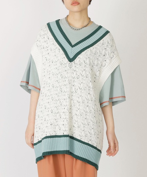 DOUBLE NAME（ダブルネーム）の「チルデンニットベスト（ベスト・レディース・グリーン/ブルー/オフホワイト・FREE）」の5枚目の写真