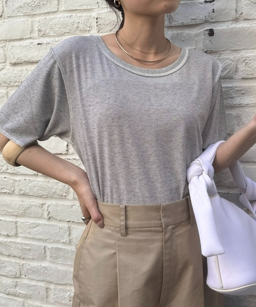 CIAOPANIC TYPY（チャオパニックティピー）の「配色ステッチスラブシアー半袖TEE（Tシャツ/カットソー・レディース・オレンジ/オフホワイト/グレー/ブラック/ミント・ONE SIZE）」の4枚目の写真