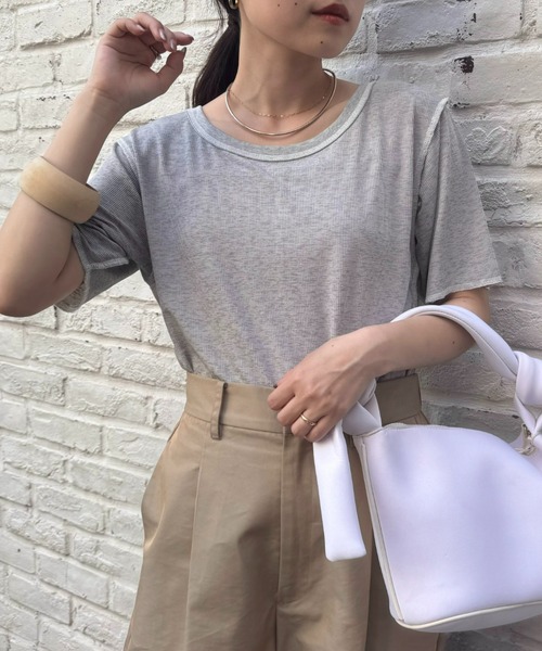 CIAOPANIC TYPY（チャオパニックティピー）の「配色ステッチスラブシアー半袖TEE（Tシャツ/カットソー・レディース・オレンジ/オフホワイト/グレー/ブラック/ミント・ONE SIZE）」の8枚目の写真