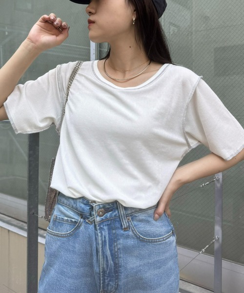 CIAOPANIC TYPY（チャオパニックティピー）の「配色ステッチスラブシアー半袖TEE（Tシャツ/カットソー・レディース・オレンジ/オフホワイト/グレー/ブラック/ミント・ONE SIZE）」の6枚目の写真