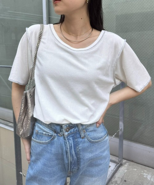 CIAOPANIC TYPY（チャオパニックティピー）の「配色ステッチスラブシアー半袖TEE（Tシャツ/カットソー・レディース・オレンジ/オフホワイト/グレー/ブラック/ミント・ONE SIZE）」の11枚目の写真