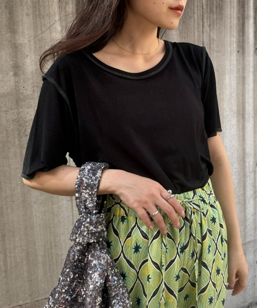 CIAOPANIC TYPY（チャオパニックティピー）の「配色ステッチスラブシアー半袖TEE（Tシャツ/カットソー・レディース・オレンジ/オフホワイト/グレー/ブラック/ミント・ONE SIZE）」の19枚目の写真