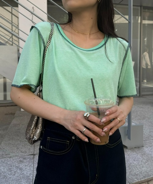 CIAOPANIC TYPY（チャオパニックティピー）の「配色ステッチスラブシアー半袖TEE（Tシャツ/カットソー・レディース・オレンジ/オフホワイト/グレー/ブラック/ミント・ONE SIZE）」の9枚目の写真