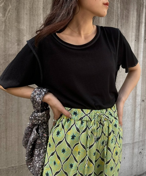 CIAOPANIC TYPY（チャオパニックティピー）の「配色ステッチスラブシアー半袖TEE（Tシャツ/カットソー・レディース・オレンジ/オフホワイト/グレー/ブラック/ミント・ONE SIZE）」の7枚目の写真