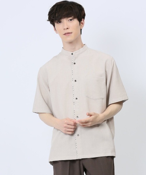 TAKA-Q(タカキュー)の「シャツ メンズ 半袖 吸水速乾 麻調 バンドカラー ややゆったり ルーズフィット テックリネン(シャツ/ブラウス・メンズ・ライトグレー/ベージュ/ネイビー・LARGE/X-LARGE/MEDIUM)」の2枚目の写真