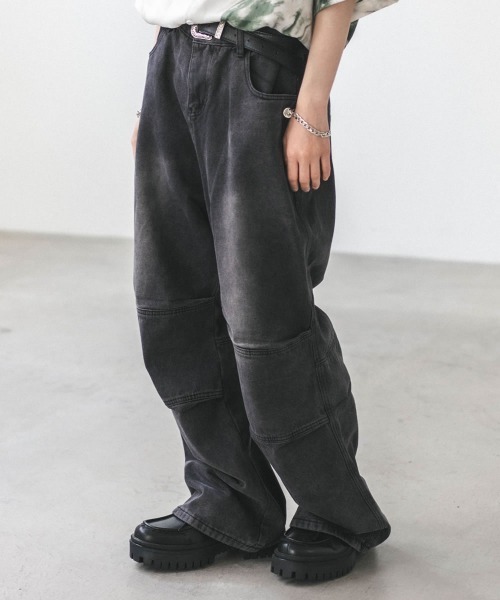 セール】ニーパネルビンテージウォッシュワイドデニムパンツ（デニム
