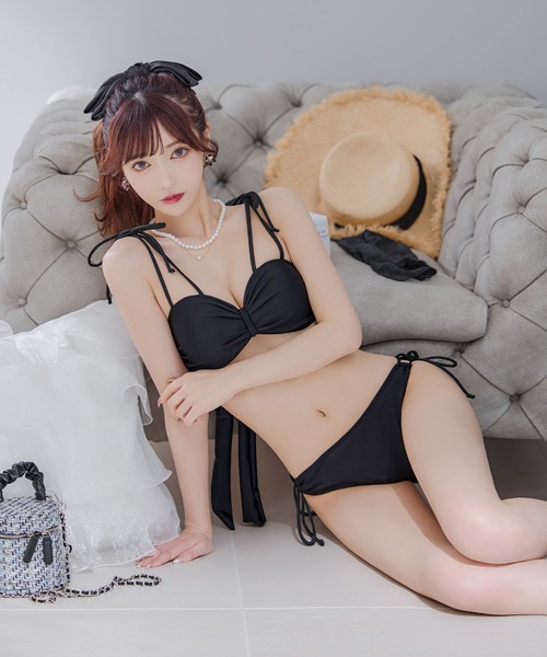 ショルダー紐リボンシンプルビキニ 2点セット（水着）｜sugar
