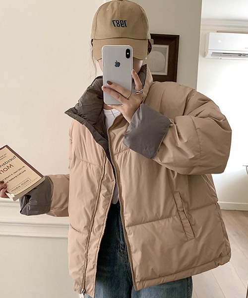 ハイネックスタンドカラー 配色エコダウンジャケット culw731（ダウン