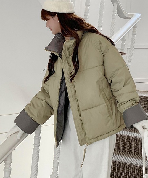 ハイネックスタンドカラー 配色エコダウンジャケット culw731（ダウン